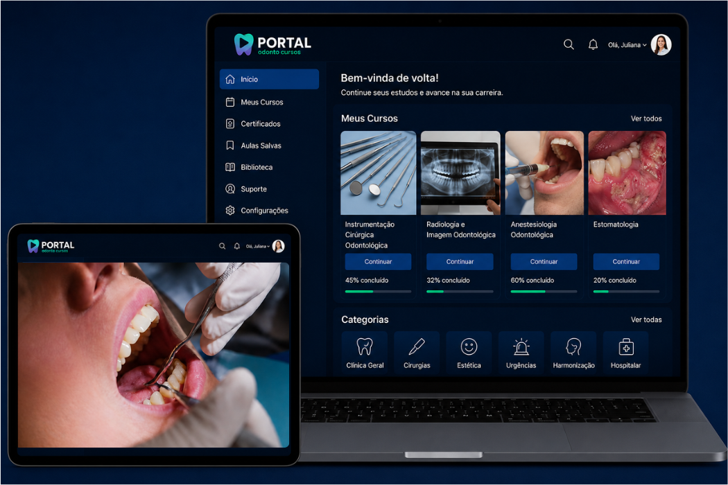 Dashboard da plataforma Portal Odonto Cursos com cursos e progresso do aluno